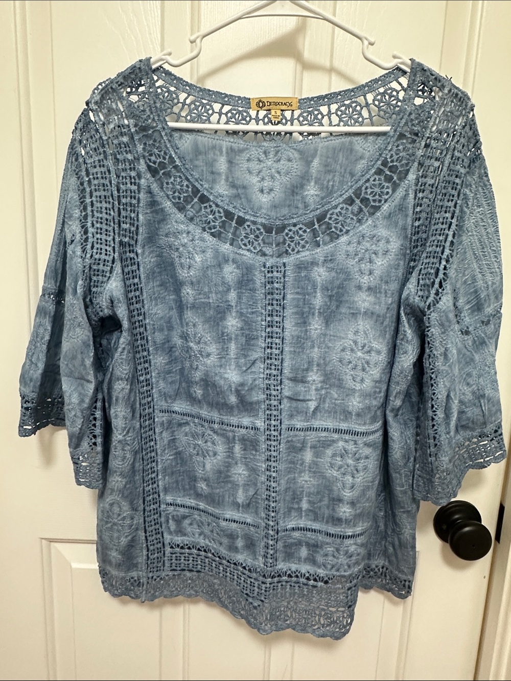 Democracy Light Blue Crochet Lace Peasant Blouse